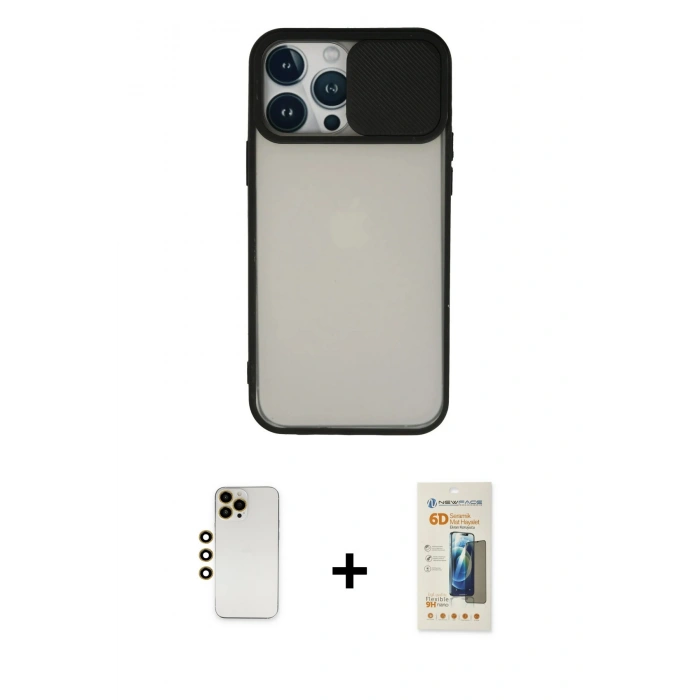 MARSİLYAN™- iPhone 13 Pro Max Kılıf Vadi Çizgi - Siyah 6D Mat Seramik Hayalet Nano Ekran Koruyucu + Shine Kamera Lens - GD