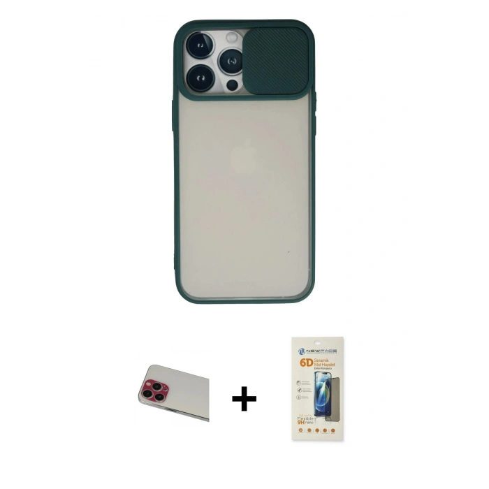 MARSİLYAN™- iPhone 13 Pro Max Kılıf Vadi Çizgi - Siyah 6D Mat Seramik Hayalet Nano Ekran Koruyucu + Kırmızı Rainbow Kamera Lens Koruma Cam