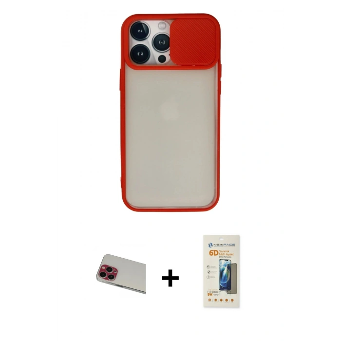 MARSİLYAN™- iPhone 13 Pro Max Kılıf Vadi Çizgi - Siyah 6D Mat Seramik Hayalet Nano Ekran Koruyucu + Kırmızı Rainbow Kamera Lens Koruma Cam