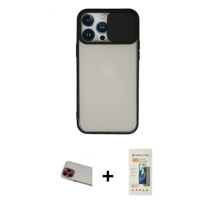 MARSİLYAN™- iPhone 13 Pro Max Kılıf Vadi Çizgi - Siyah 6D Mat Seramik Hayalet Nano Ekran Koruyucu + Kırmızı Rainbow Kamera Lens Koruma Cam