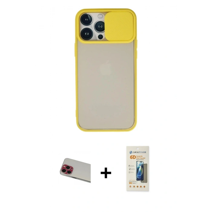 MARSİLYAN™- iPhone 13 Pro Max Kılıf Vadi Çizgi - Siyah 6D Mat Seramik Hayalet Nano Ekran Koruyucu + Kırmızı Rainbow Kamera Lens Koruma Cam