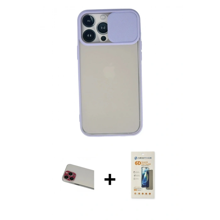 MARSİLYAN™- iPhone 13 Pro Max Kılıf Vadi Çizgi - Siyah 6D Mat Seramik Hayalet Nano Ekran Koruyucu + Kırmızı Rainbow Kamera Lens Koruma Cam