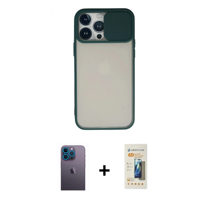 MARSİLYAN™- iPhone 13 Pro Max Kılıf Vadi Çizgi - Siyah 6D Mat Seramik Hayalet Nano Ekran Koruyucu + Neon Fosforlu Kamera Lens - MI