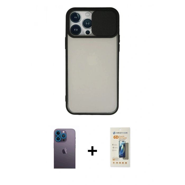 MARSİLYAN™- iPhone 13 Pro Max Kılıf Vadi Çizgi - Siyah 6D Mat Seramik Hayalet Nano Ekran Koruyucu + Neon Fosforlu Kamera Lens - MI