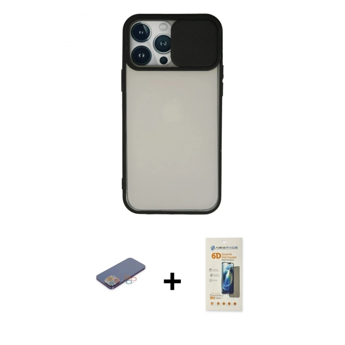 MARSİLYAN™- iPhone 13 Pro Max Kılıf Vadi Çizgi - Siyah 6D Mat Seramik Hayalet Nano Ekran Koruyucu + Renkli Kamera Lens Koruma Cam - PE