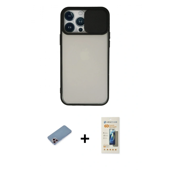 MARSİLYAN™- iPhone 13 Pro Max Kılıf Vadi Çizgi - Siyah 6D Mat Seramik Hayalet Nano Ekran Koruyucu + Shine Kamera Lens Koruma Cam - PE