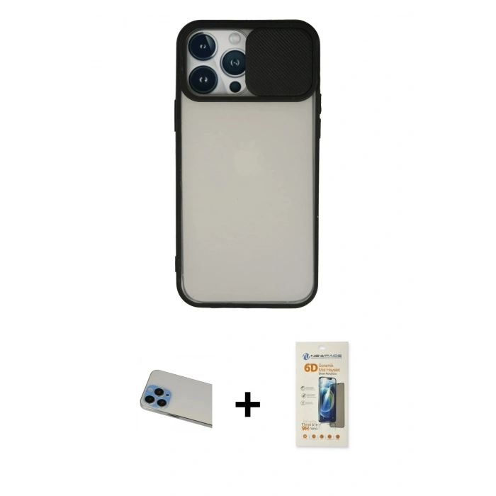 MARSİLYAN™- iPhone 13 Pro Max Kılıf Vadi Çizgi - Siyah 6D Mat Seramik Hayalet Nano Ekran Koruyucu + Rainbow Kamera Lens Koruma Cam - MI