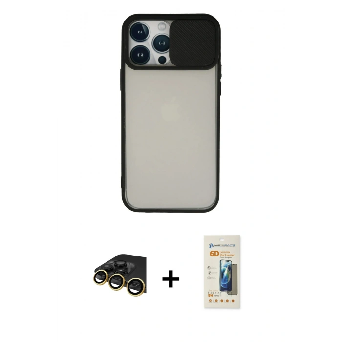 MARSİLYAN™- iPhone 13 Pro Max Kılıf Vadi Çizgi - Siyah 6D Mat Seramik Hayalet Nano Ekran Koruyucu + Raze Metal Kamera Lens - GD