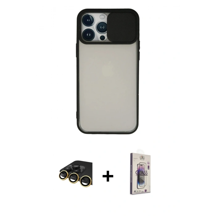 MARSİLYAN™- iPhone 13 Pro Max Kılıf Vadi Çizgi - Siyah Bilvis 3D Cam Ekran Koruyucu + Raze Metal Kamera Lens - GD