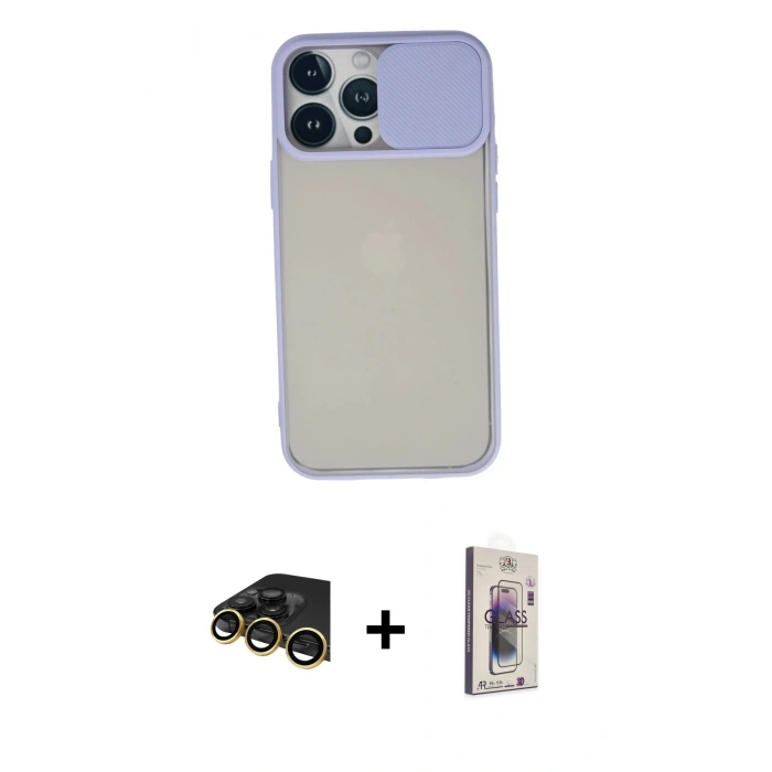MARSİLYAN™- iPhone 13 Pro Max Kılıf Vadi Çizgi - Siyah Bilvis 3D Cam Ekran Koruyucu + Raze Metal Kamera Lens - GD