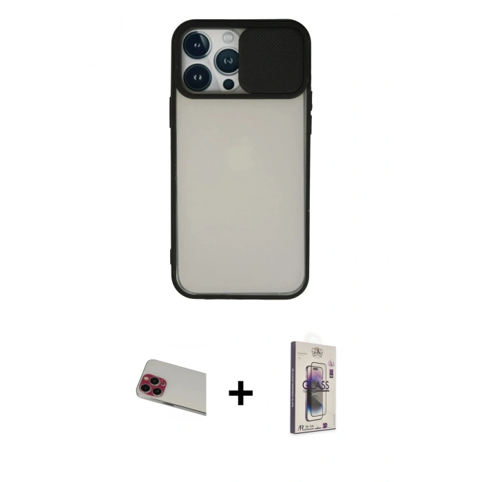MARSİLYAN™- iPhone 13 Pro Max Kılıf Vadi Çizgi - Siyah Bilvis 3D Cam Ekran Koruyucu + Rainbow Kamera Lens Koruma Cam - KI