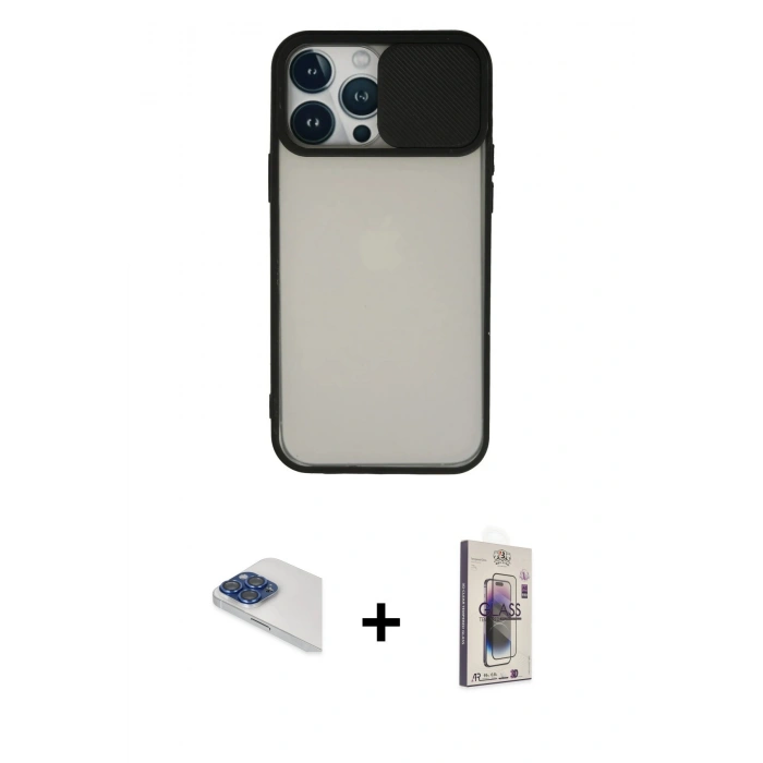 MARSİLYAN™- iPhone 13 Pro Max Kılıf Vadi Çizgi - Siyah Bilvis 3D Cam Ekran Koruyucu + Pers Alüminyum Kamera Lens - LT