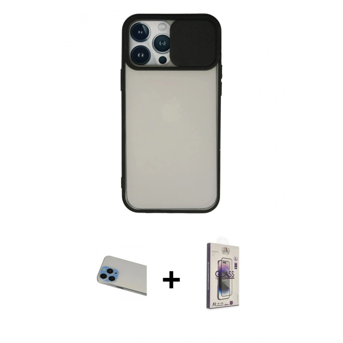 MARSİLYAN™- iPhone 13 Pro Max Kılıf Vadi Çizgi - Siyah Bilvis 3D Cam Ekran Koruyucu + Rainbow Kamera Lens Koruma Cam - MI