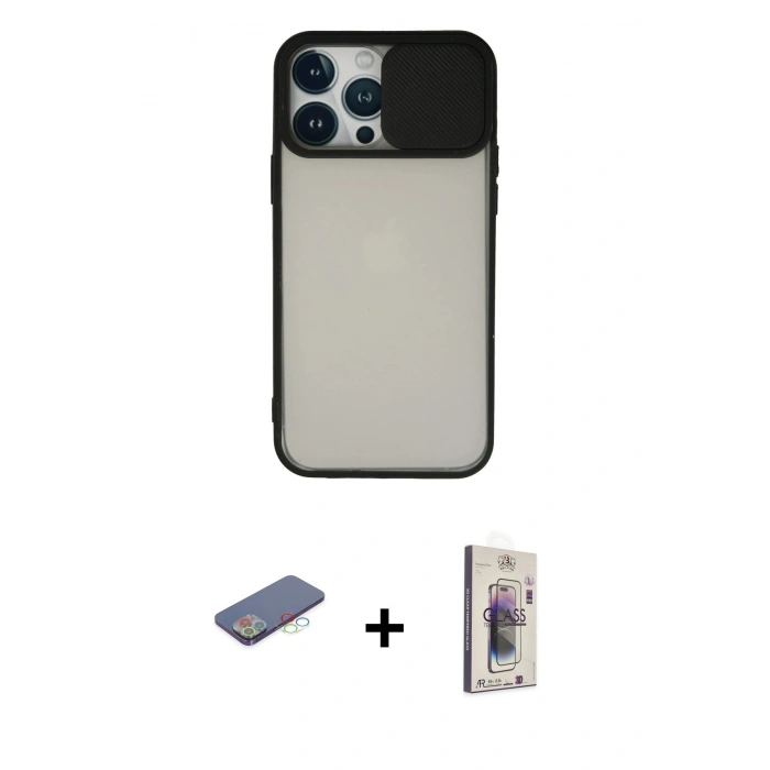 MARSİLYAN™- iPhone 13 Pro Max Kılıf Vadi Çizgi - Siyah Bilvis 3D Cam Ekran Koruyucu + Renkli Kamera Lens Koruma Cam - MI