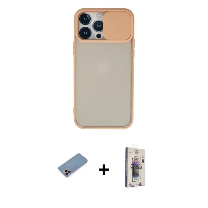 MARSİLYAN™- iPhone 13 Pro Max Kılıf Vadi Çizgi - Siyah Bilvis 3D Cam Ekran Koruyucu + Pembe Shine Kamera Lens Koruma Cam