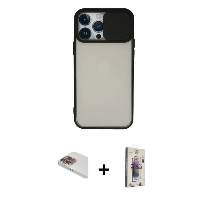 MARSİLYAN™- iPhone 13 Pro Max Kılıf Vadi Çizgi - Siyah Bilvis 3D Cam Ekran Koruyucu + Pers Alüminyum Kamera Lens - GD