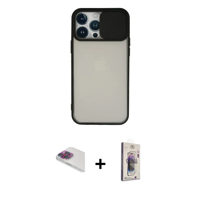 MARSİLYAN™- iPhone 13 Pro Max Kılıf Vadi Çizgi - Siyah Bilvis 3D Cam Ekran Koruyucu + Pers Alüminyum Kamera Lens - GI