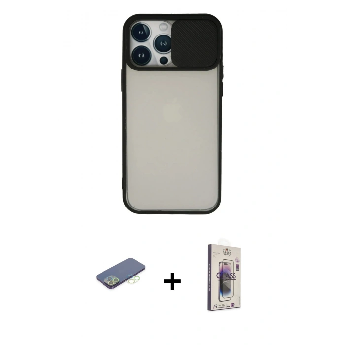 MARSİLYAN™- iPhone 13 Pro Max Kılıf Vadi Çizgi - Siyah Bilvis 3D Cam Ekran Koruyucu + Renkli Kamera Lens Koruma Cam - YL