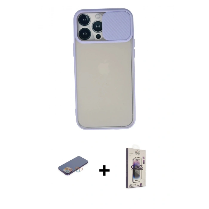 MARSİLYAN™- iPhone 13 Pro Max Kılıf Vadi Çizgi - Siyah Bilvis 3D Cam Ekran Koruyucu + Renkli Kamera Lens Koruma Cam - PE