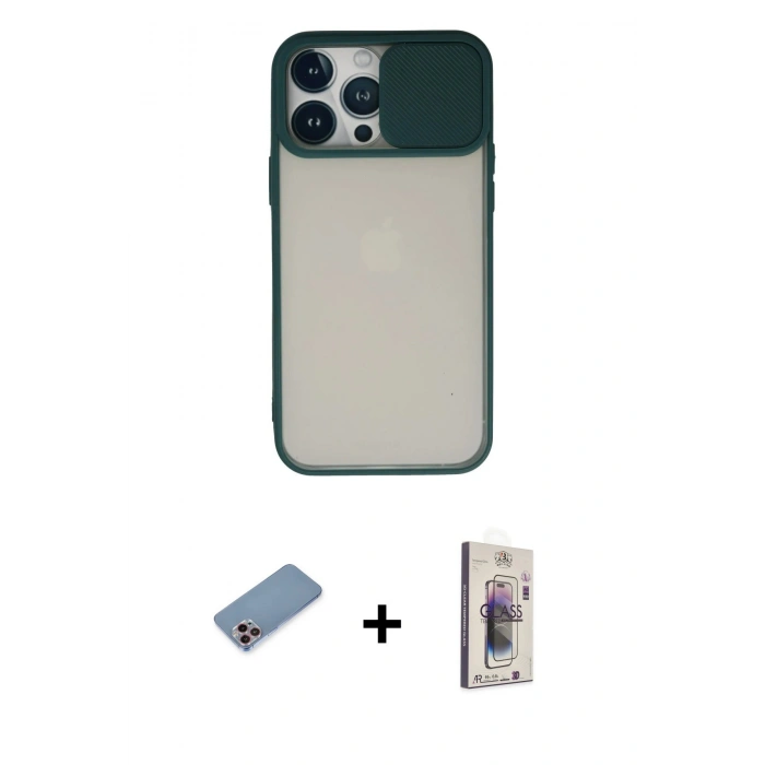 MARSİLYAN™- iPhone 13 Pro Max Kılıf Vadi Çizgi - Siyah Bilvis 3D Cam Ekran Koruyucu + Shine Kamera Lens Koruma Cam - PE