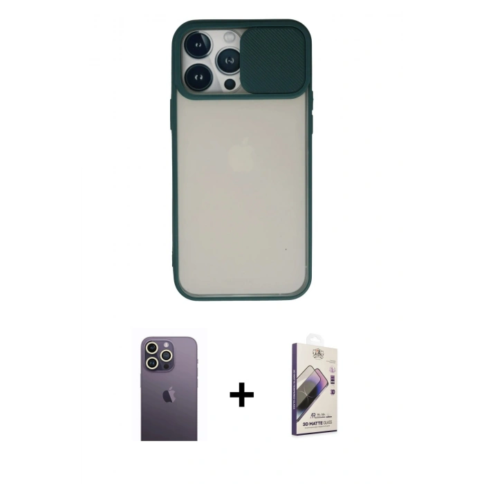 MARSİLYAN™- iPhone 13 Pro Max Kılıf Vadi Çizgi - Siyah Bilvis 3D Mat Cam Ekran Koruyucu + Neon Fosforlu Kamera Lens - BZ