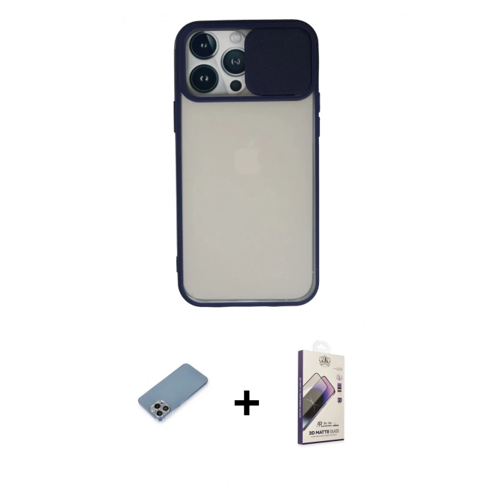 MARSİLYAN™- iPhone 13 Pro Max Kılıf Vadi Çizgi - Siyah Bilvis 3D Mat Cam Ekran Koruyucu + Gökkuşağı Shine Kamera Lens Koruma Cam