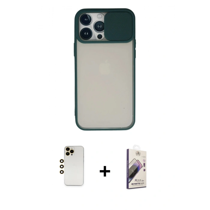 MARSİLYAN™- iPhone 13 Pro Max Kılıf Vadi Çizgi - Siyah Bilvis 3D Mat Cam Ekran Koruyucu + Shine Kamera Lens - GD