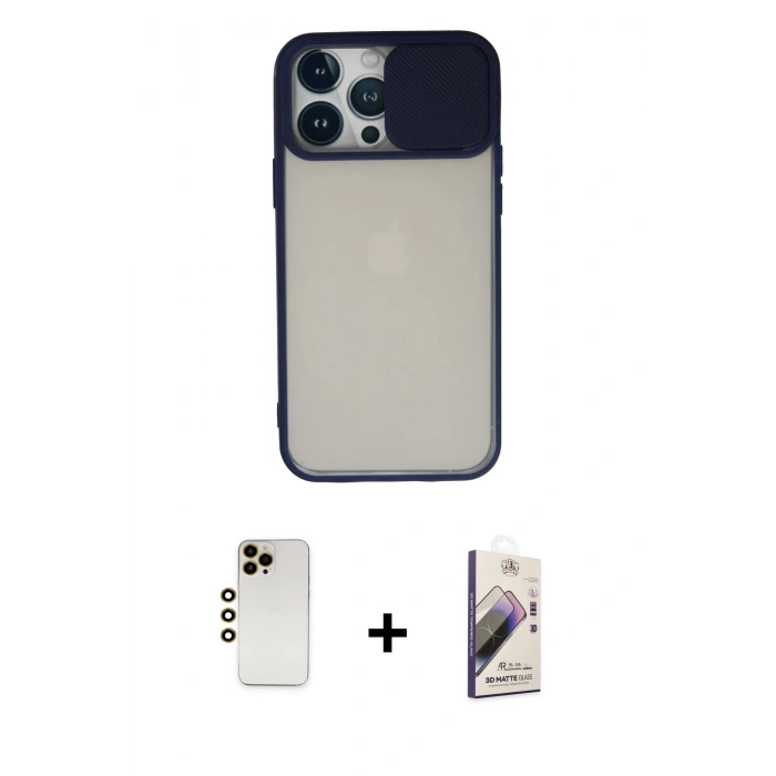 MARSİLYAN™- iPhone 13 Pro Max Kılıf Vadi Çizgi - Siyah Bilvis 3D Mat Cam Ekran Koruyucu + Shine Kamera Lens - GD