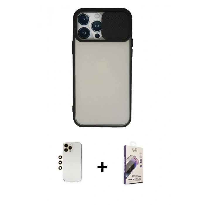 MARSİLYAN™- iPhone 13 Pro Max Kılıf Vadi Çizgi - Siyah Bilvis 3D Mat Cam Ekran Koruyucu + Shine Kamera Lens - GD