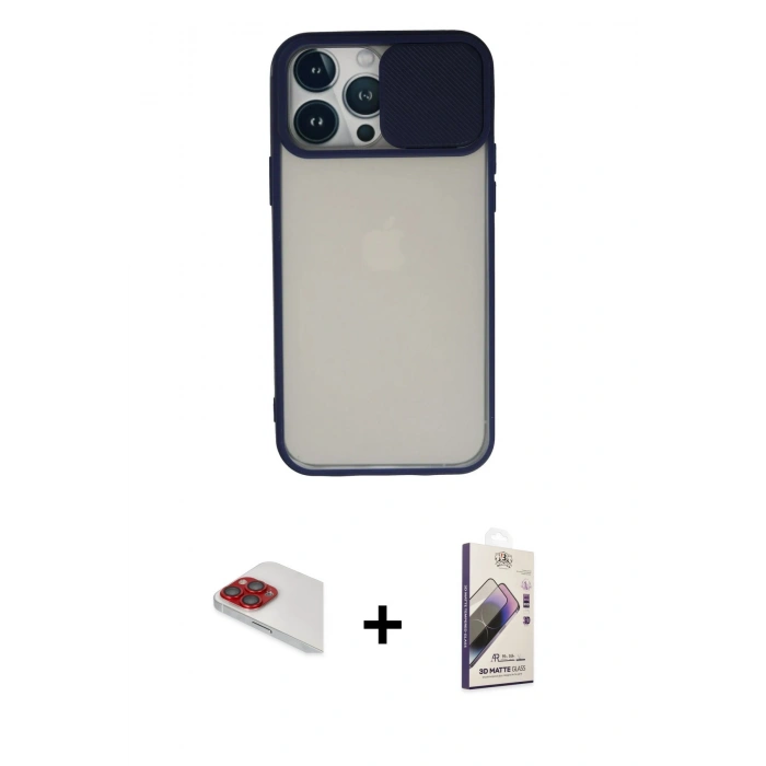 MARSİLYAN™- iPhone 13 Pro Max Kılıf Vadi Çizgi - Siyah Bilvis 3D Mat Cam Ekran Koruyucu + Pers Alüminyum Kamera Lens - KI