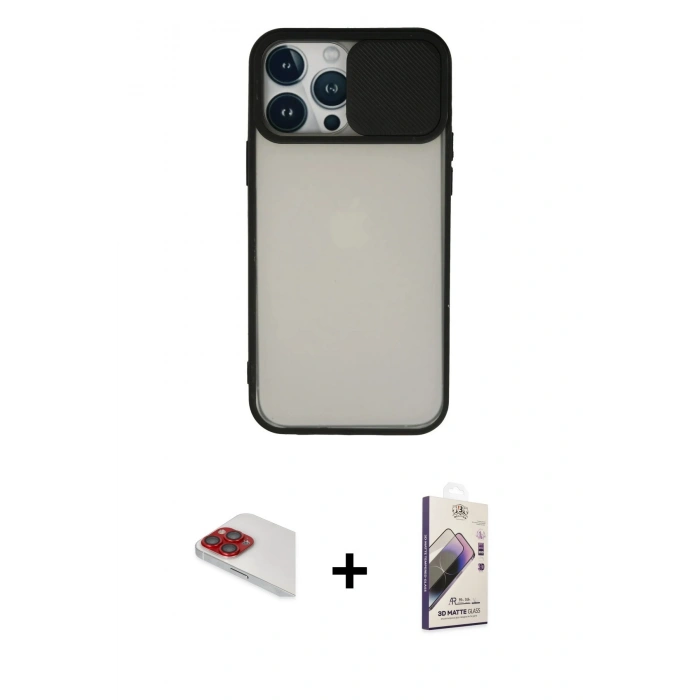 MARSİLYAN™- iPhone 13 Pro Max Kılıf Vadi Çizgi - Siyah Bilvis 3D Mat Cam Ekran Koruyucu + Pers Alüminyum Kamera Lens - KI