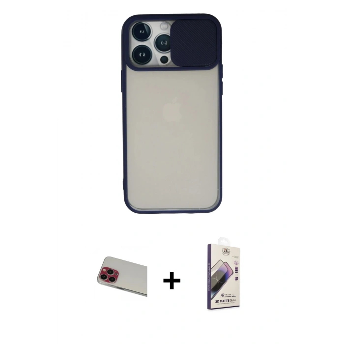 MARSİLYAN™- iPhone 13 Pro Max Kılıf Vadi Çizgi - Siyah Bilvis 3D Mat Cam Ekran Koruyucu + Rainbow Kamera Lens Koruma Cam - KI