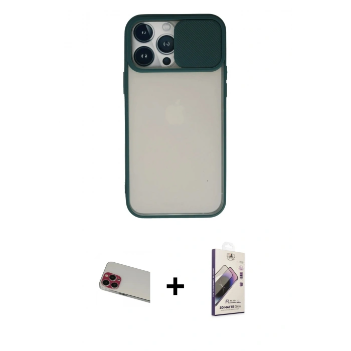 MARSİLYAN™- iPhone 13 Pro Max Kılıf Vadi Çizgi - Siyah Bilvis 3D Mat Cam Ekran Koruyucu + Rainbow Kamera Lens Koruma Cam - KI