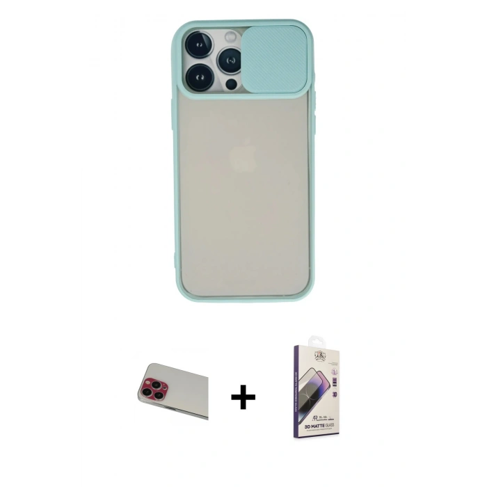 MARSİLYAN™- iPhone 13 Pro Max Kılıf Vadi Çizgi - Siyah Bilvis 3D Mat Cam Ekran Koruyucu + Rainbow Kamera Lens Koruma Cam - KI