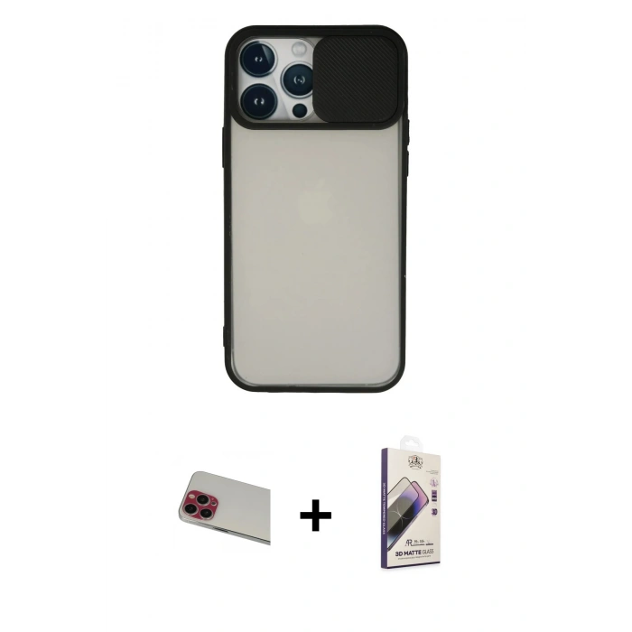 MARSİLYAN™- iPhone 13 Pro Max Kılıf Vadi Çizgi - Siyah Bilvis 3D Mat Cam Ekran Koruyucu + Rainbow Kamera Lens Koruma Cam - KI