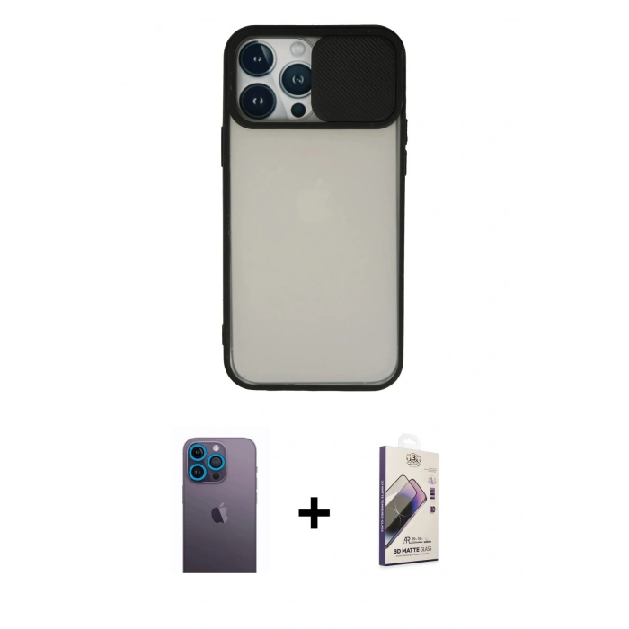 MARSİLYAN™- iPhone 13 Pro Max Kılıf Vadi Çizgi - Siyah Bilvis 3D Mat Cam Ekran Koruyucu + Neon Fosforlu Kamera Lens - MI