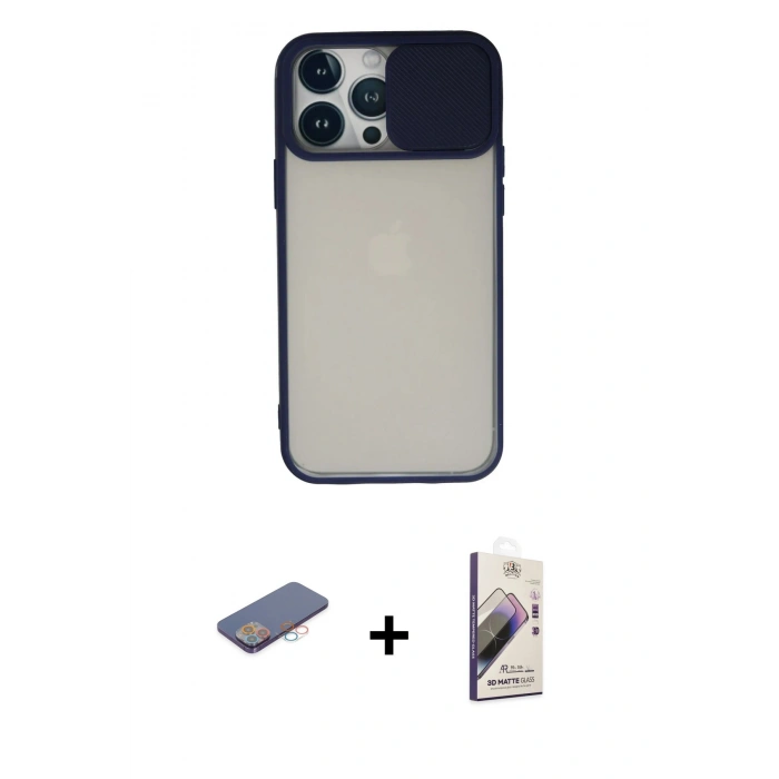 MARSİLYAN™- iPhone 13 Pro Max Kılıf Vadi Çizgi - Siyah Bilvis 3D Mat Cam Ekran Koruyucu + Renkli Kamera Lens Koruma Cam - PE