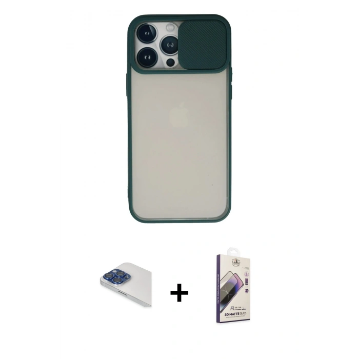 MARSİLYAN™- iPhone 13 Pro Max Kılıf Vadi Çizgi - Siyah Bilvis 3D Mat Cam Ekran Koruyucu + Pers Alüminyum Kamera Lens - LT
