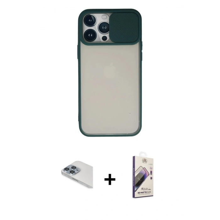 MARSİLYAN™- iPhone 13 Pro Max Kılıf Vadi Çizgi - Siyah Bilvis 3D Mat Cam Ekran Koruyucu + Pers Alüminyum Kamera Lens - SABE