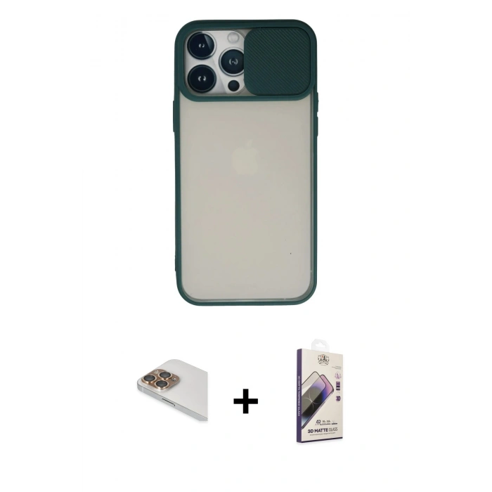 MARSİLYAN™- iPhone 13 Pro Max Kılıf Vadi Çizgi - Siyah Bilvis 3D Mat Cam Ekran Koruyucu + Pers Alüminyum Kamera Lens - GD