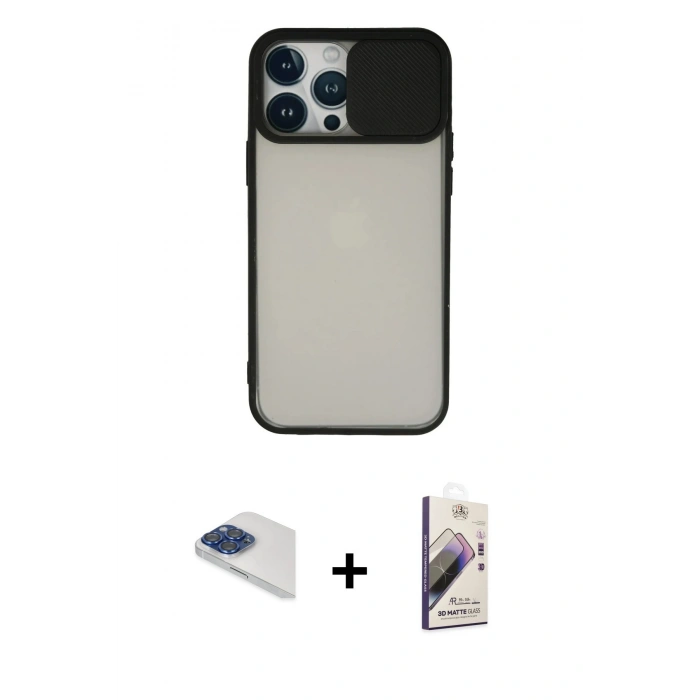 MARSİLYAN™- iPhone 13 Pro Max Kılıf Vadi Çizgi - Siyah Bilvis 3D Mat Cam Ekran Koruyucu + Pers Alüminyum Kamera Lens - LT