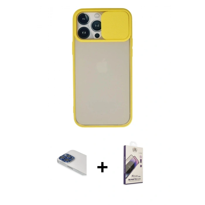 MARSİLYAN™- iPhone 13 Pro Max Kılıf Vadi Çizgi - Siyah Bilvis 3D Mat Cam Ekran Koruyucu + Pers Alüminyum Kamera Lens - LT