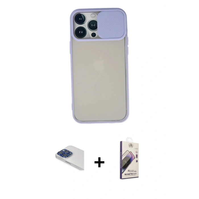 MARSİLYAN™- iPhone 13 Pro Max Kılıf Vadi Çizgi - Siyah Bilvis 3D Mat Cam Ekran Koruyucu + Pers Alüminyum Kamera Lens - LT