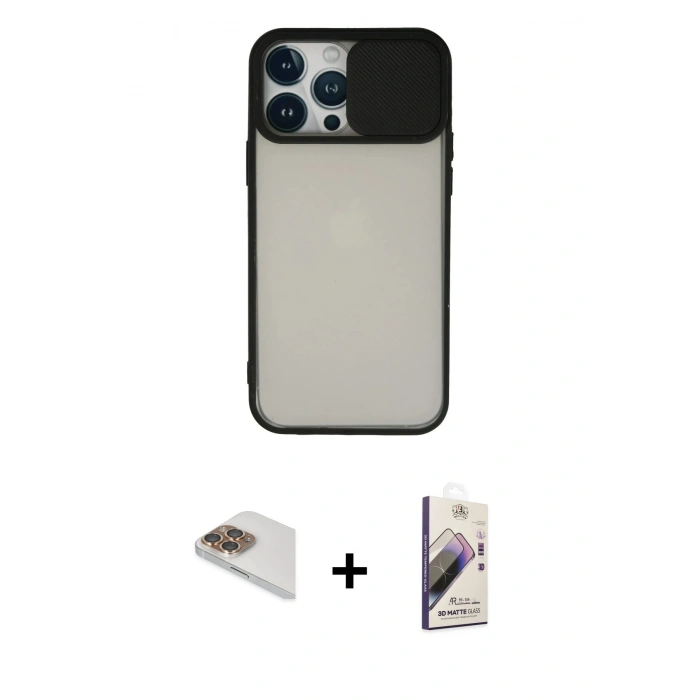 MARSİLYAN™- iPhone 13 Pro Max Kılıf Vadi Çizgi - Siyah Bilvis 3D Mat Cam Ekran Koruyucu + Pers Alüminyum Kamera Lens - GD
