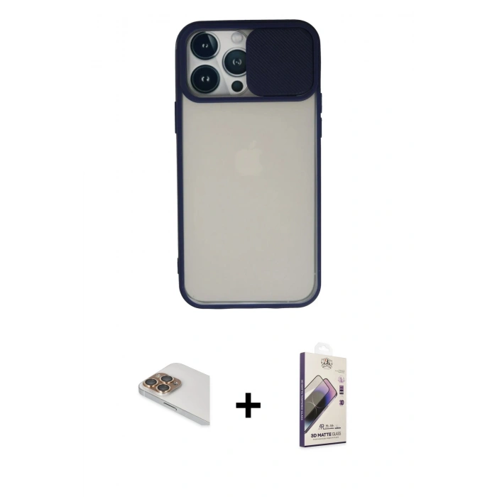 MARSİLYAN™- iPhone 13 Pro Max Kılıf Vadi Çizgi - Siyah Bilvis 3D Mat Cam Ekran Koruyucu + Pers Alüminyum Kamera Lens - GD