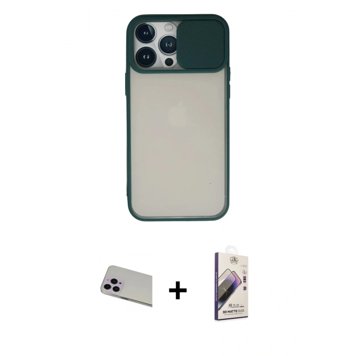 MARSİLYAN™- iPhone 13 Pro Max Kılıf Vadi Çizgi - Siyah Bilvis 3D Mat Cam Ekran Koruyucu + Rainbow Kamera Lens Koruma Cam - MR