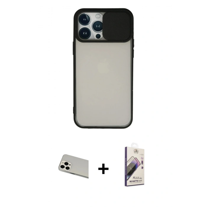 MARSİLYAN™- iPhone 13 Pro Max Kılıf Vadi Çizgi - Siyah Bilvis 3D Mat Cam Ekran Koruyucu + Rainbow Kamera Lens Koruma Cam - BZ