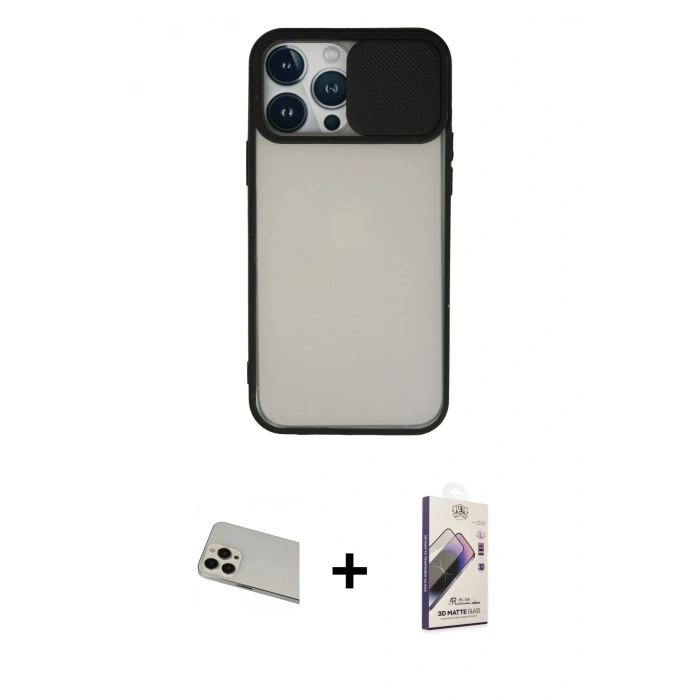 MARSİLYAN™- iPhone 13 Pro Max Kılıf Vadi Çizgi - Siyah Bilvis 3D Mat Cam Ekran Koruyucu + Rainbow Kamera Lens Koruma Cam - REGD