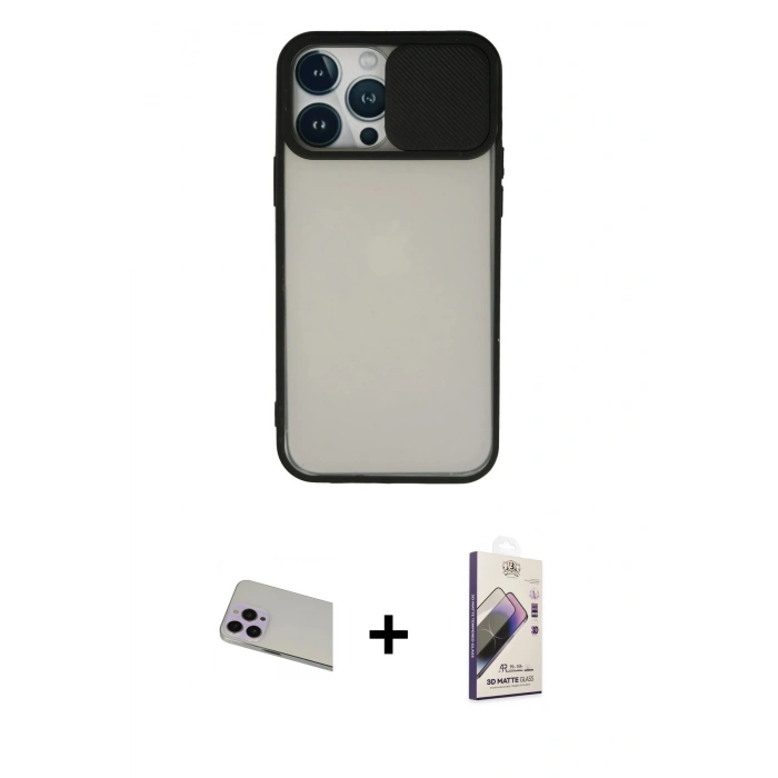 MARSİLYAN™- iPhone 13 Pro Max Kılıf Vadi Çizgi - Siyah Bilvis 3D Mat Cam Ekran Koruyucu + Rainbow Kamera Lens Koruma Cam - MR