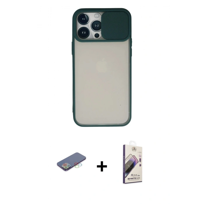 MARSİLYAN™- iPhone 13 Pro Max Kılıf Vadi Çizgi - Siyah Bilvis 3D Mat Cam Ekran Koruyucu + Renkli Kamera Lens Koruma Cam - MI